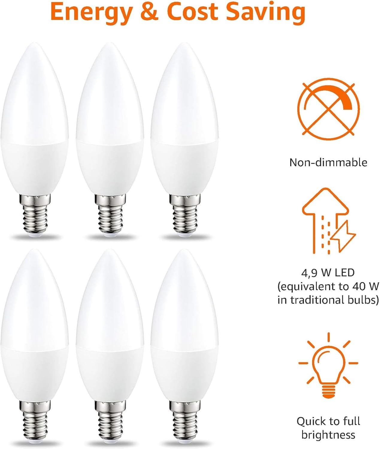 Amazon Basics LED E14 Small Edison Screw Candle Bulb, 4.9 W (Equivalent to 40W), Warm White, Non Dimmable - Pack of 12