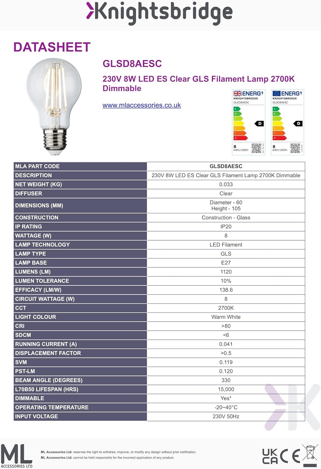 Knightsbridge 230V 8W LED ES Clear GLS Filament Lamp 2700K Dimmable